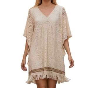 🆕 BUDDYLOVE Cream Floral Lace Kaftan Dress Fringe Hem Boho Kimono Sleeve EUC S